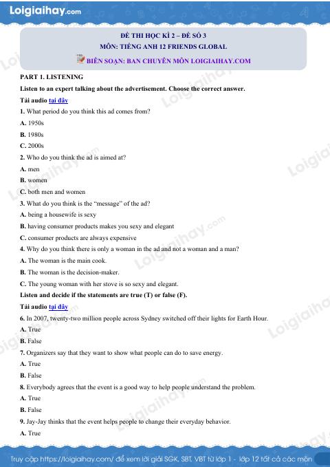 Đề thi học kì 2 Tiếng Anh 12 Friends Global - Đề số 3